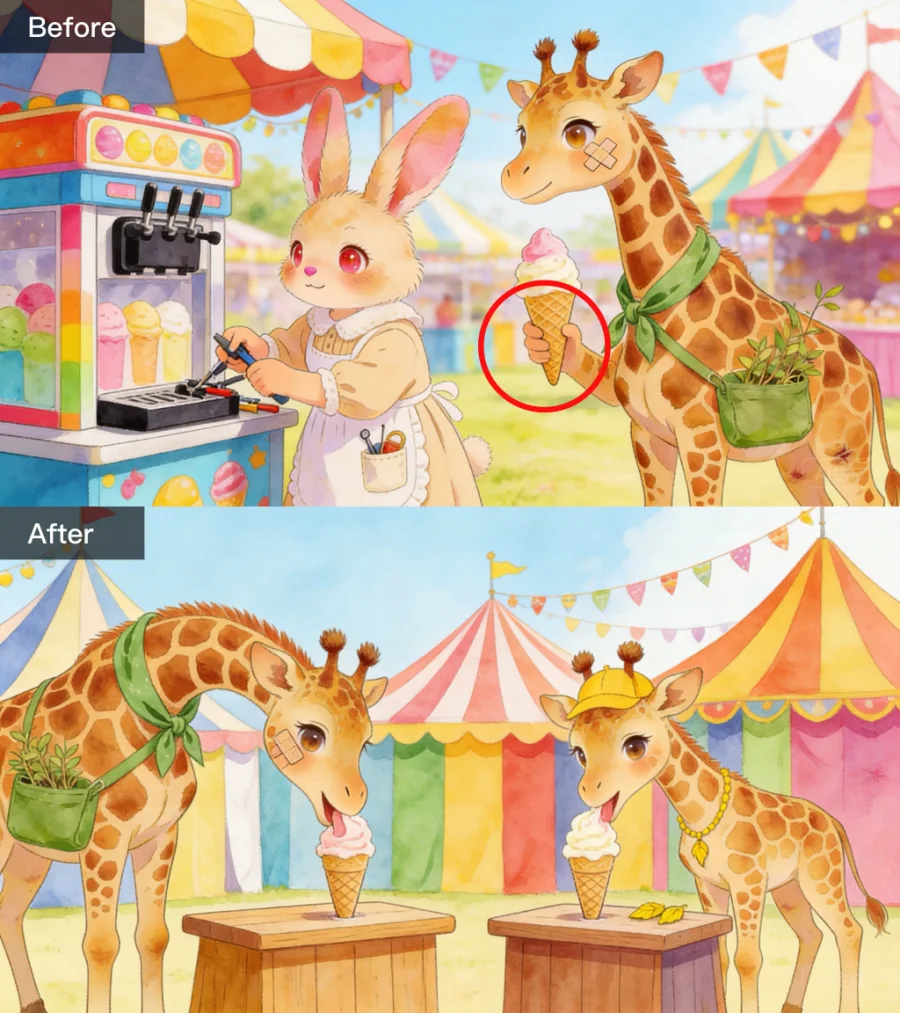 宝宝故事引擎多角色一致性 before after 对比